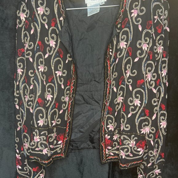 Papell Boutique Evening Black Beaded Silk Jacket Women’s Medium - Picture 1 of 4
